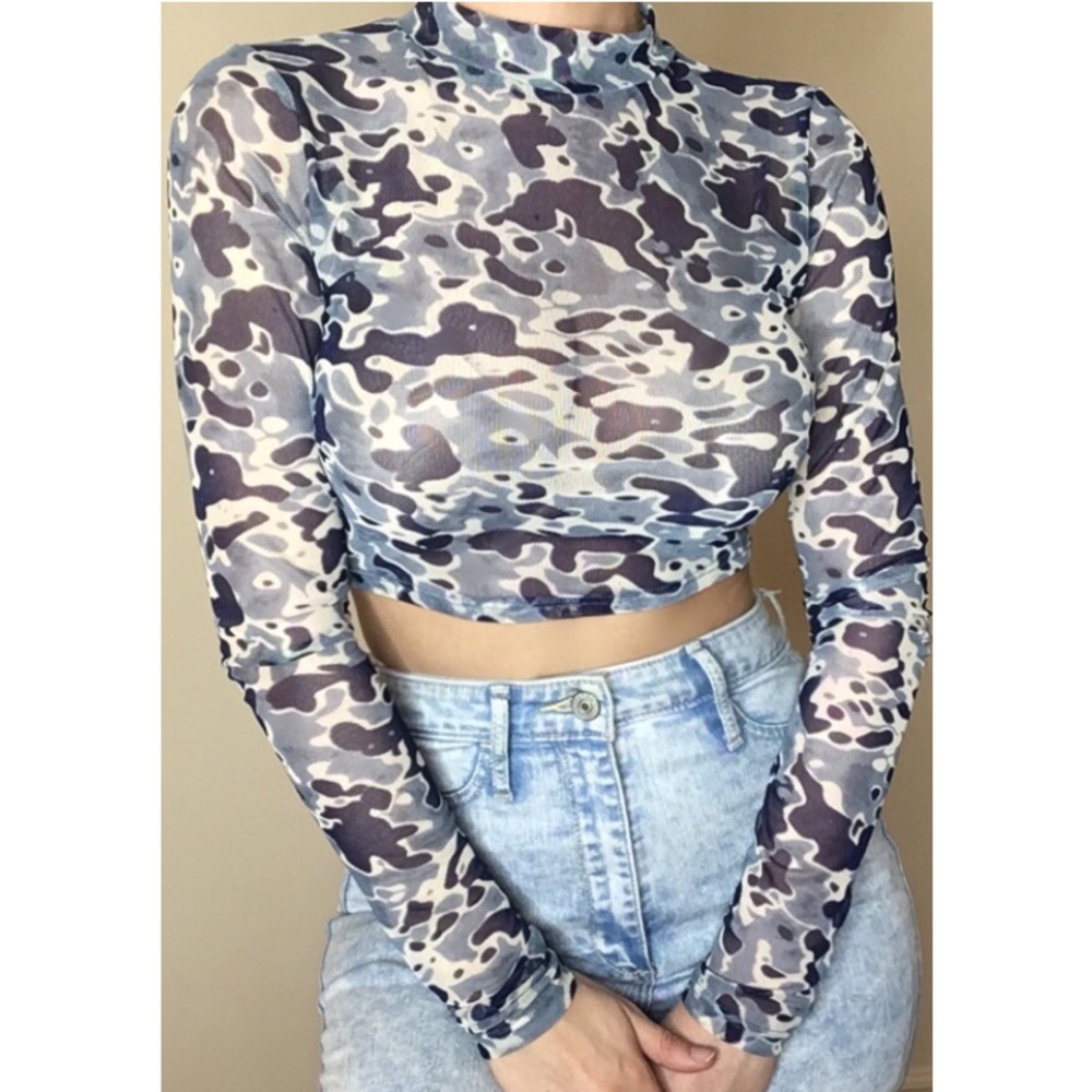 Blue Camo Print Sheer Crop Top (long sleeve)